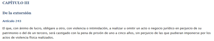 Figura 2: Ley Española donde se define que es la extorsión y su pena.